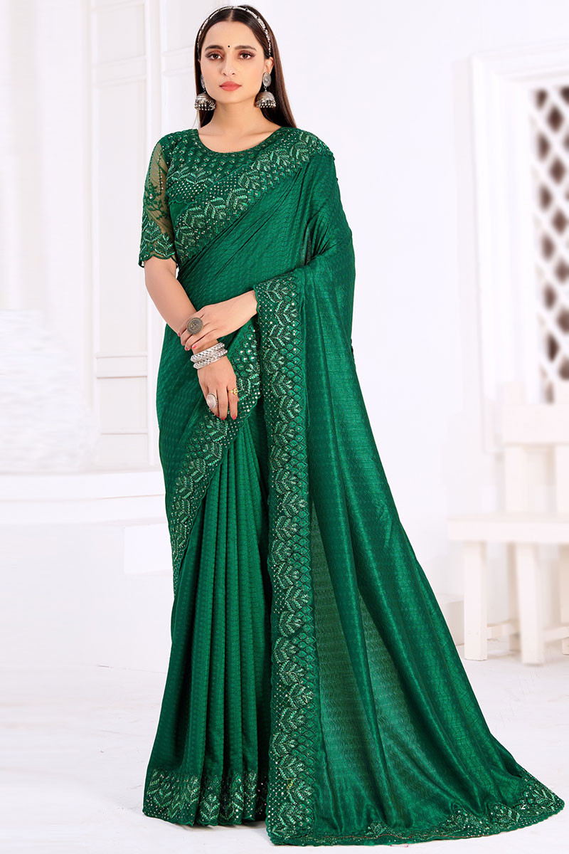 Green Saree Online - Dark Green Party Wear Silk Saree|lovelyweddingmall.com