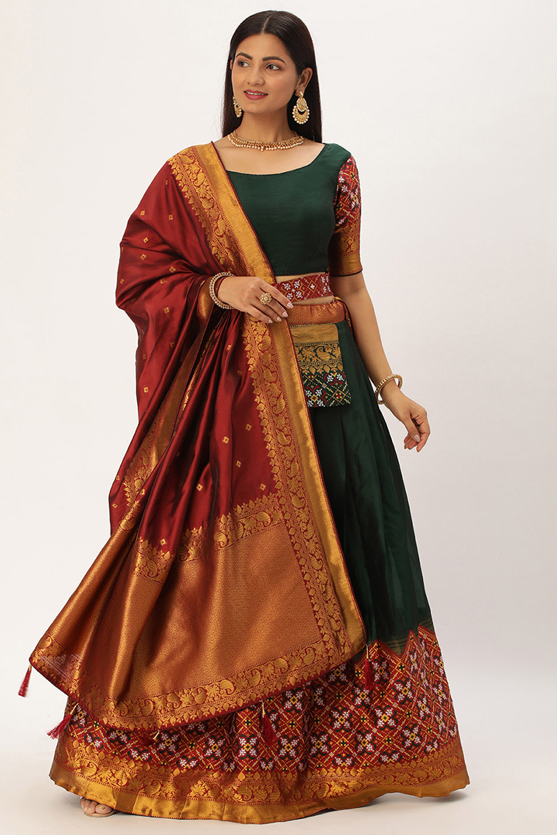 Bottle Green Silk Woven Zari Flared Lehenga