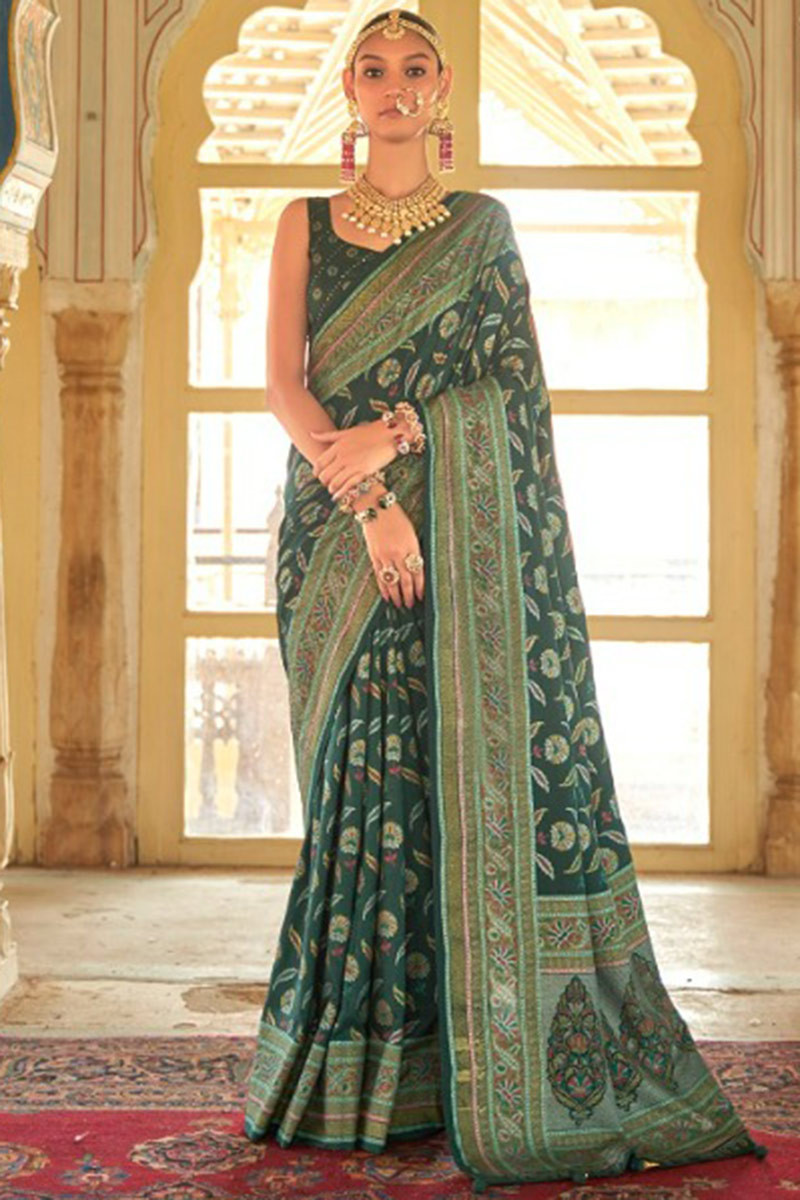 Order Online Bottle Green Silk Woven Zari Saree SARV142677