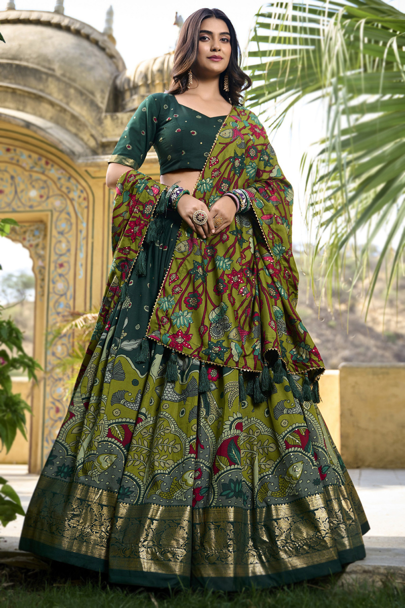 Bottle Green Tussar Silk Foil Printed Flared Style Lehenga