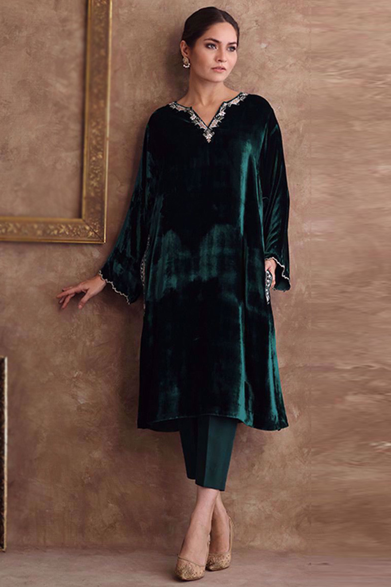 Dark Green Color Stylish Velvet Mirror Embroidered Work Full Stitched Pent  Kurti For Wedding Wear at Rs 2299.00, Palazzo Suit
