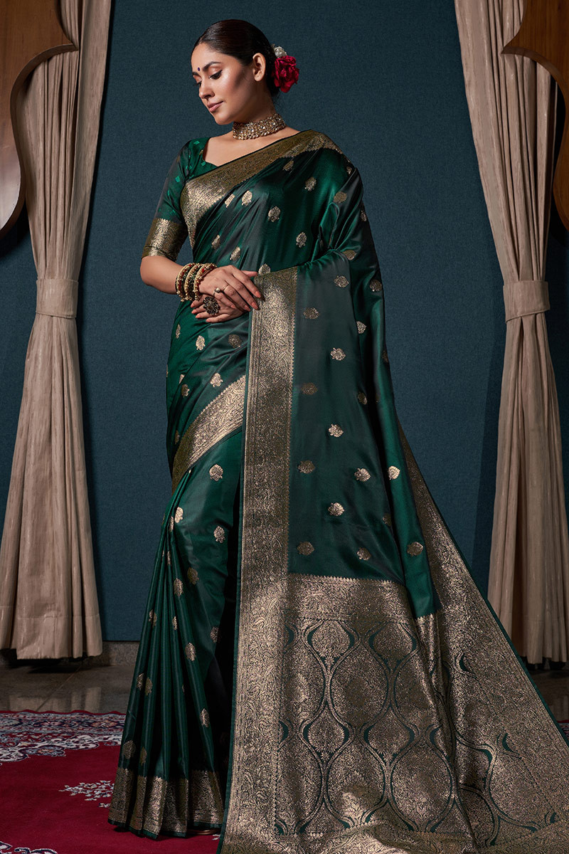 Stunning Dark Bottle Green Linen Handloom Saree with Banarasi Design -  Loomfolks