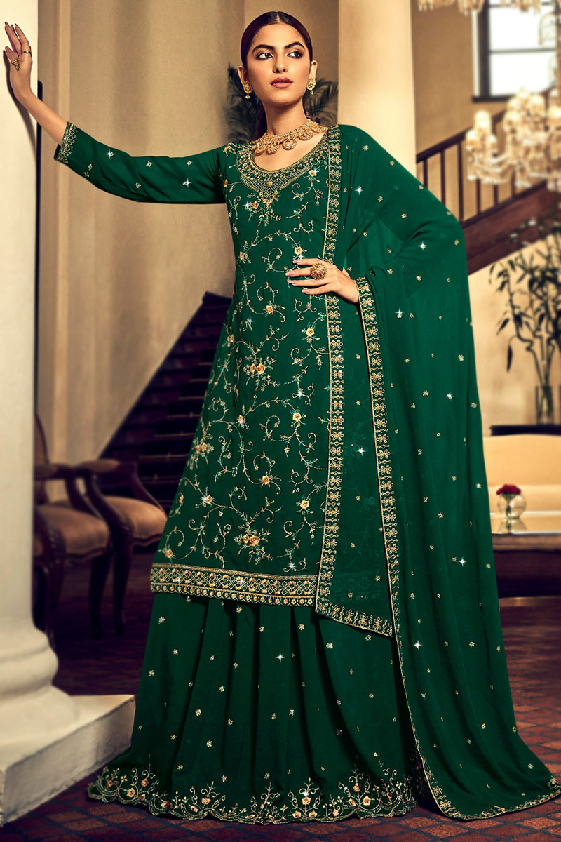 Bottle Green Zari Embroidered Georgette Flared Lehenga 