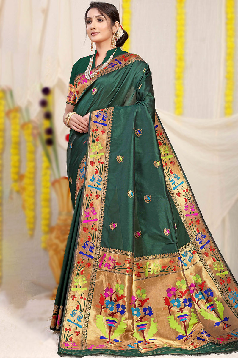 breathtaking dark green banarasi silk saree with woven zari sarv158867 1