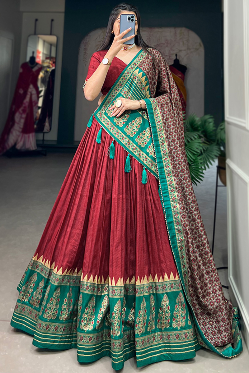 Brick Red Chiffon Lehenga with Printed Work for Diwali