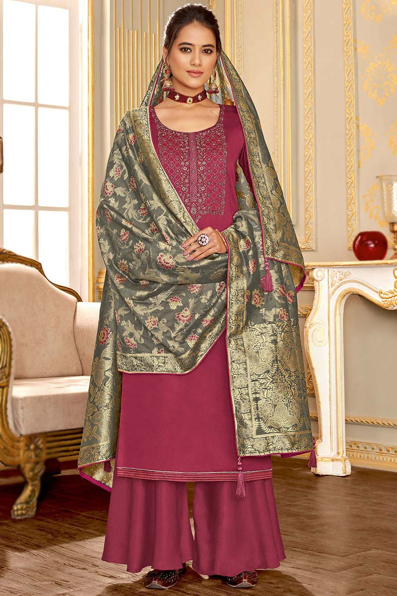 Brick Red Cotton Embroidered Sharara Suit