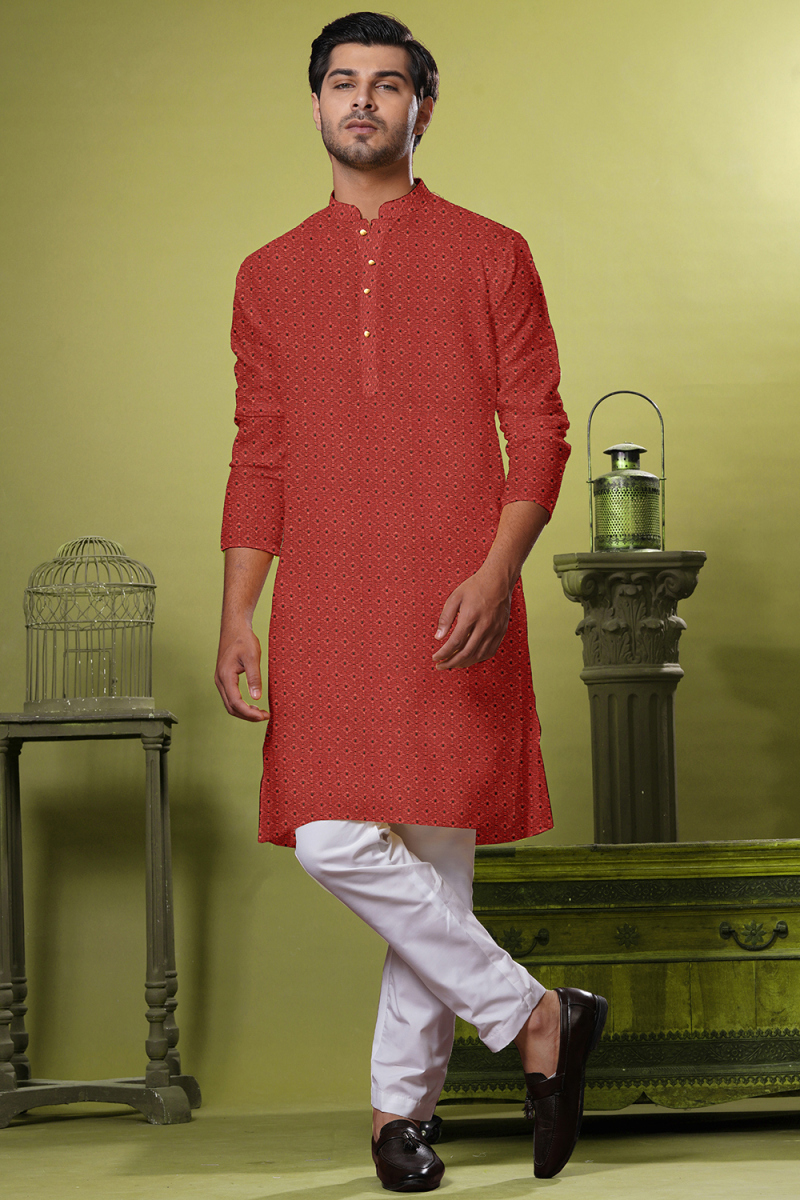 Brick Red Cotton Men's Kurta Pajama With Weaved Work For Diwali