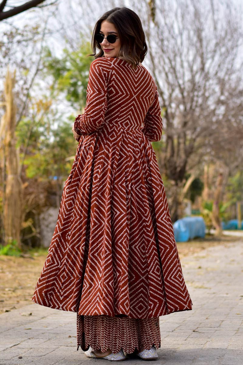 Brick Red Cotton Silk Bandhej Print Palazzo Suit