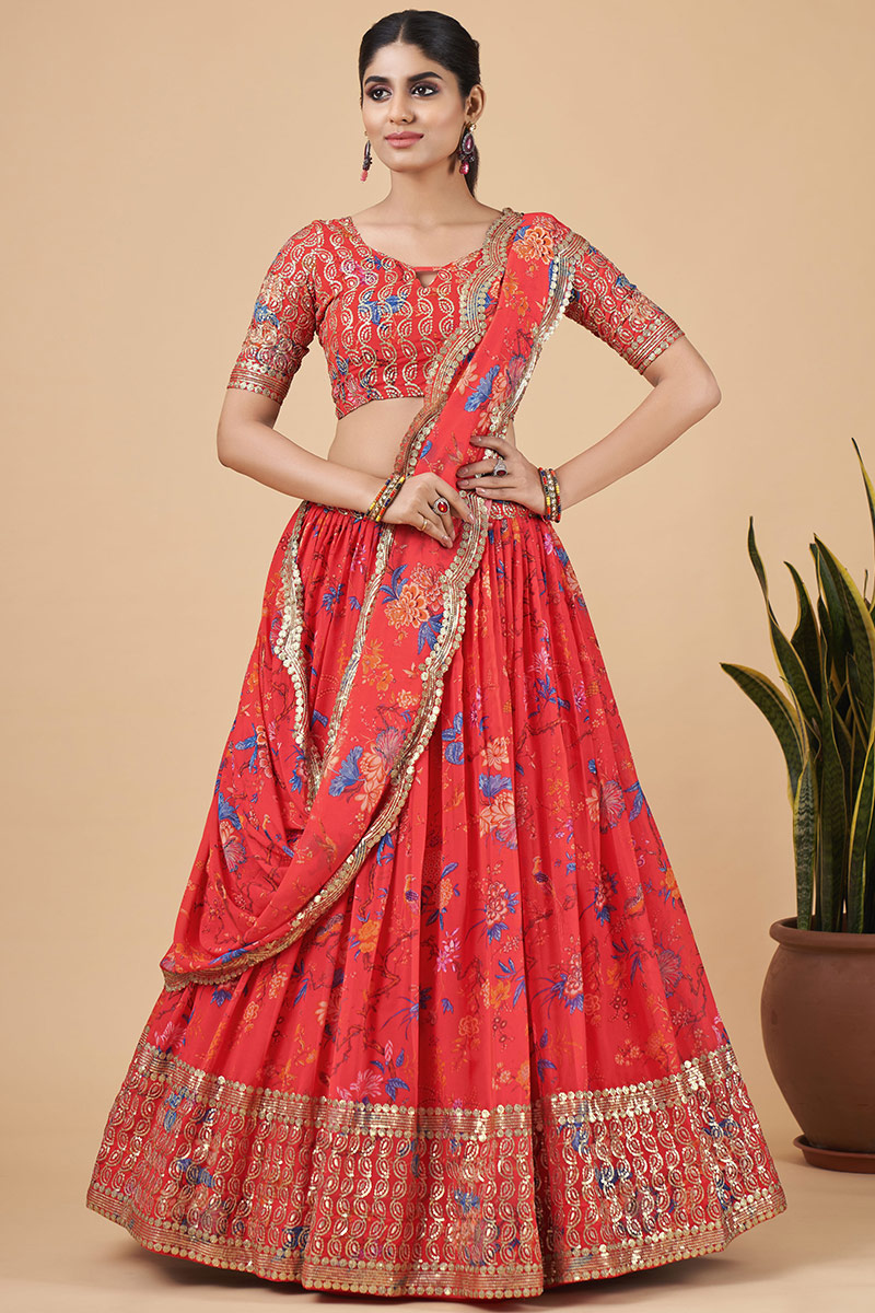 Brick Red Georgette Printed Lehenga