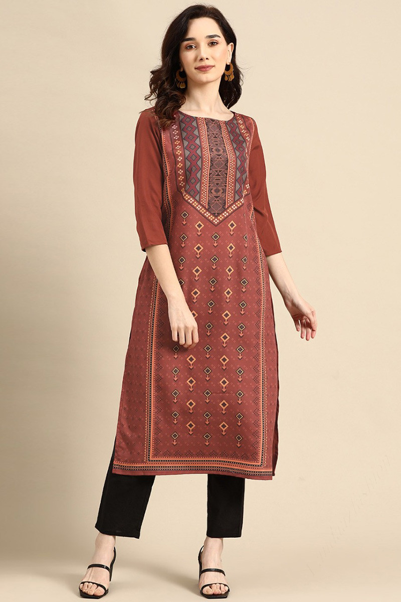 Brick Red Poly Crepe Printed Kurti LKV00833