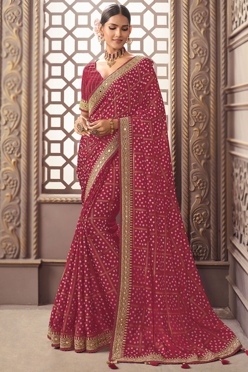 Brick Red Silk Bandhej Printed Saree