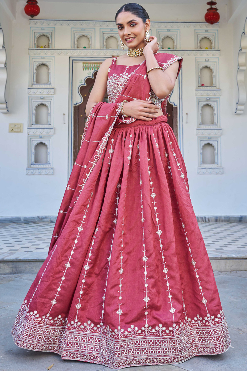 Brick Red Silk Blend Lehenga With Zari Work For Diwali