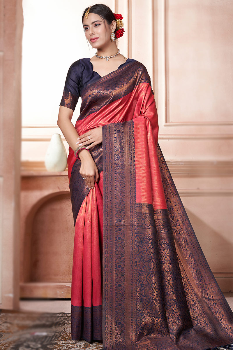 Brick Red Weaved With Thread And Zari Silk Broad Border Saree