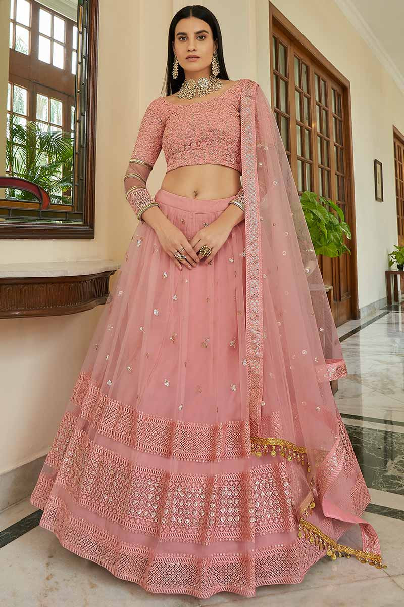 bridesmaid wear blush pink net embroidered lehenga llcv09351 1