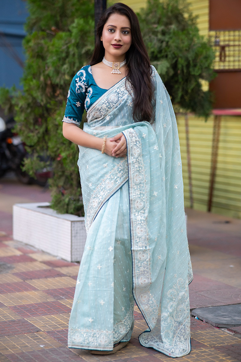 Designer Sky Blue Color Swarovski Sequence Work Silk Saree