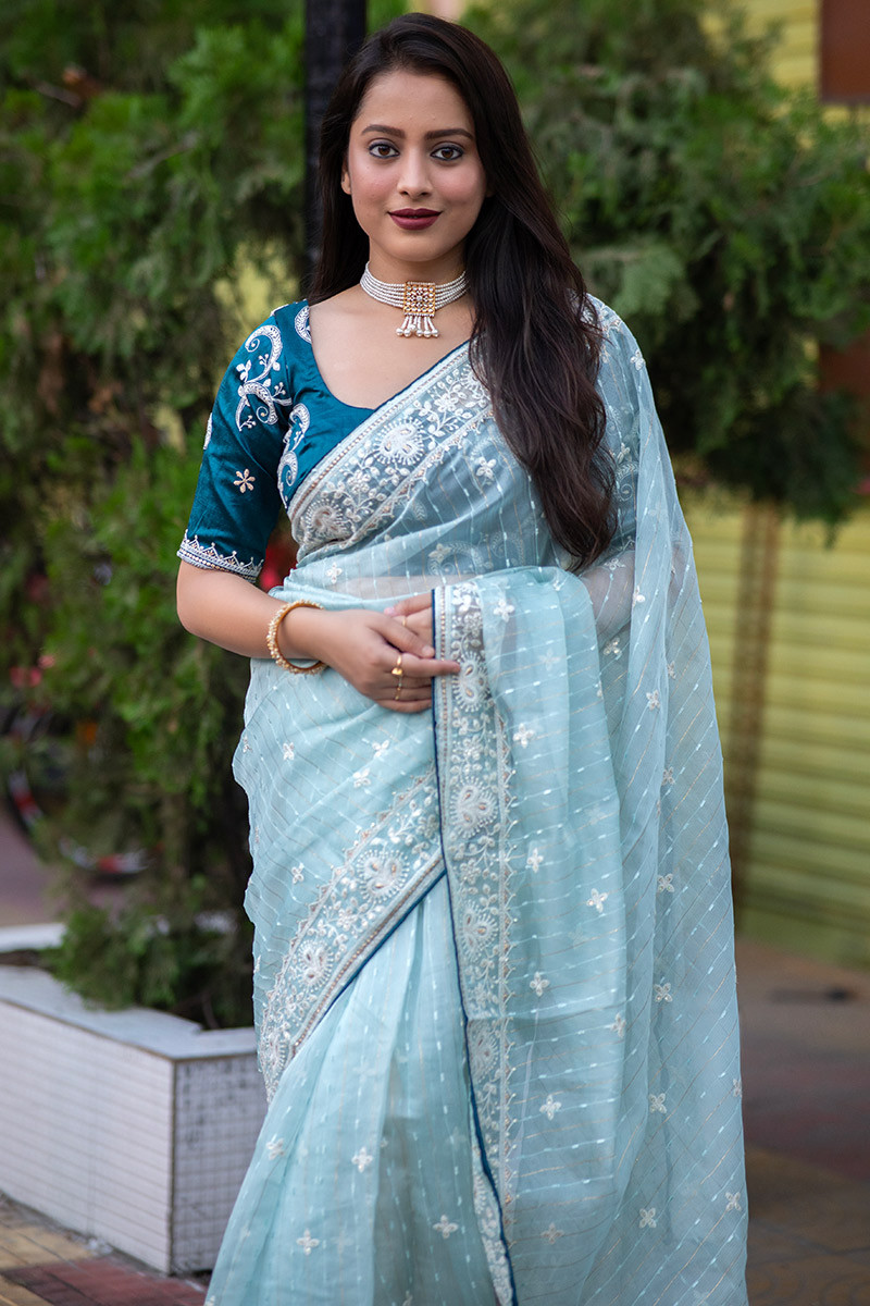 Shop Embroidered Blue Organza Saree with Blouse by LABEL NITIKA at House of  Designers – HOUSE OF DESIGNERS