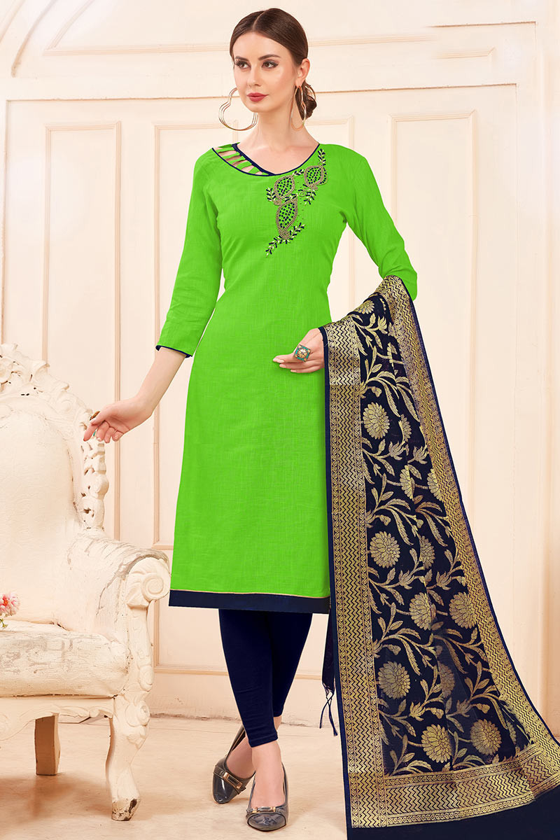 Bright Green Cotton Embroidered Churidar Suit