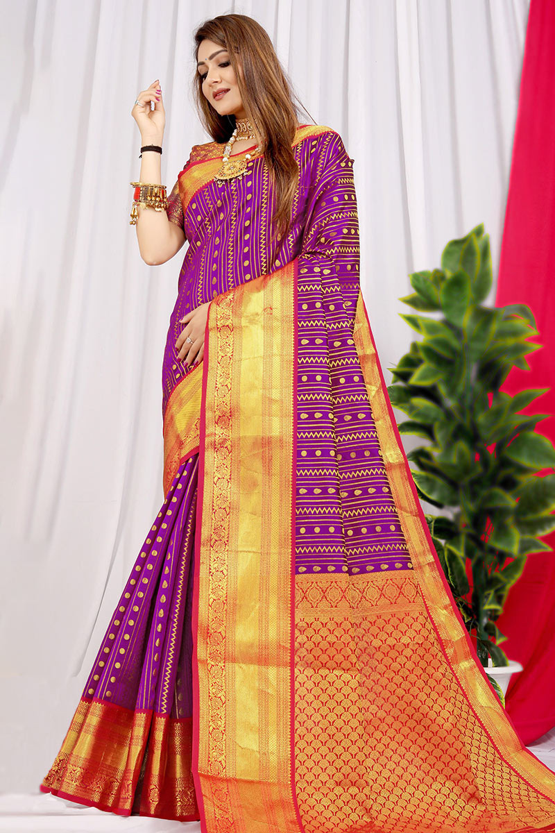 Buy Purple Saree With Zari Weave Butti Detail And Unstitched Blouse Piece  KALKI Fashion India