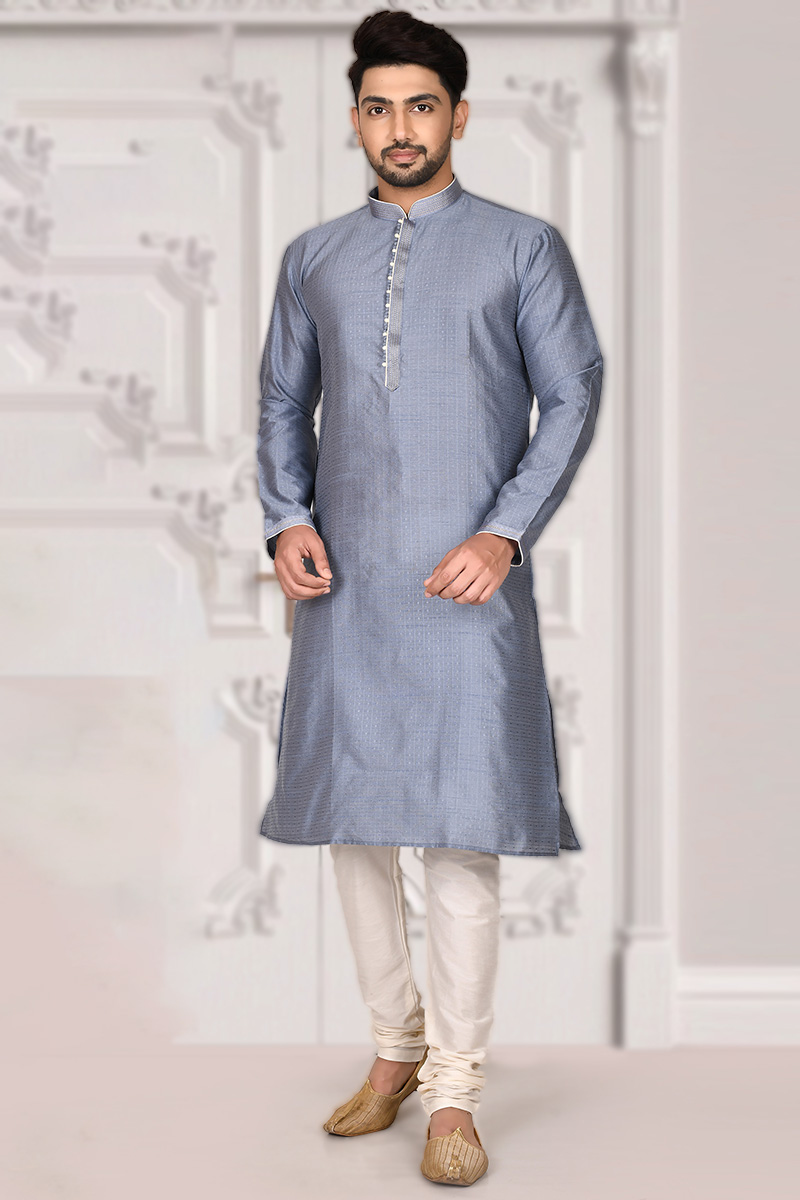Brocade Bluish Grey Men Kurta With Churidar