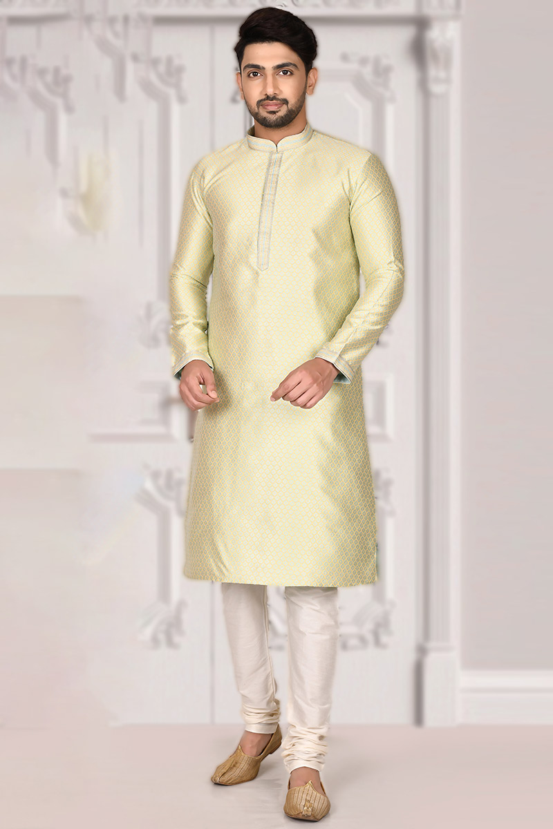Brocade Pistachio Green Men Kurta With Churidar