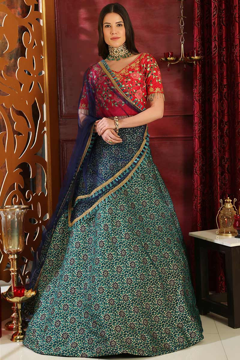 Buy Sensational Red & Royal Blue Banarasi Brocade Wedding Wear Lehenga Choli  designs online | Fashion Clothing