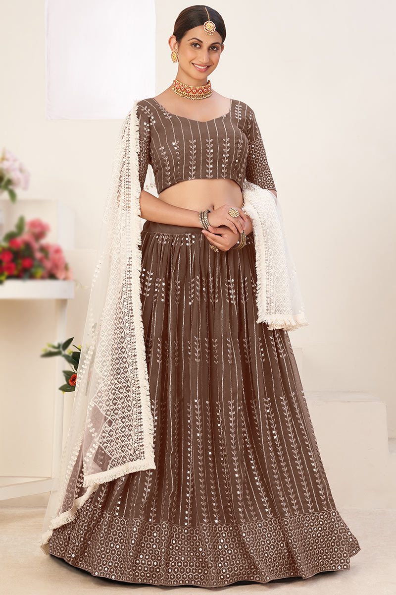 Lehenga in Brown Georgette for Wedding Wear with Sequins Work