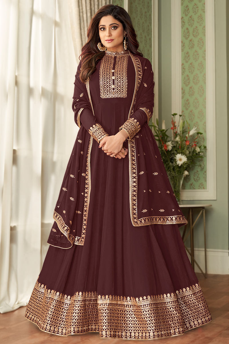 Brown Georgette Embroidered Party Wear Anarkali Suit