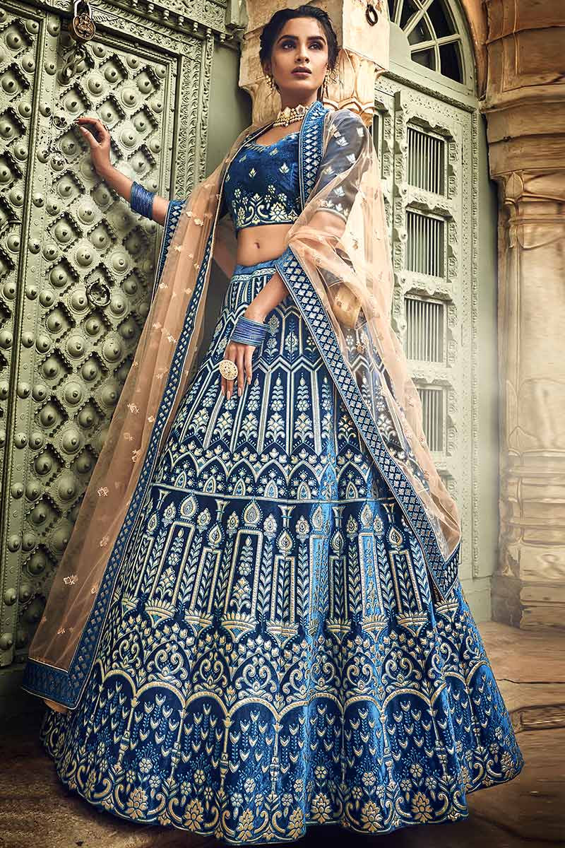 Velvet blue on sale lehenga choli