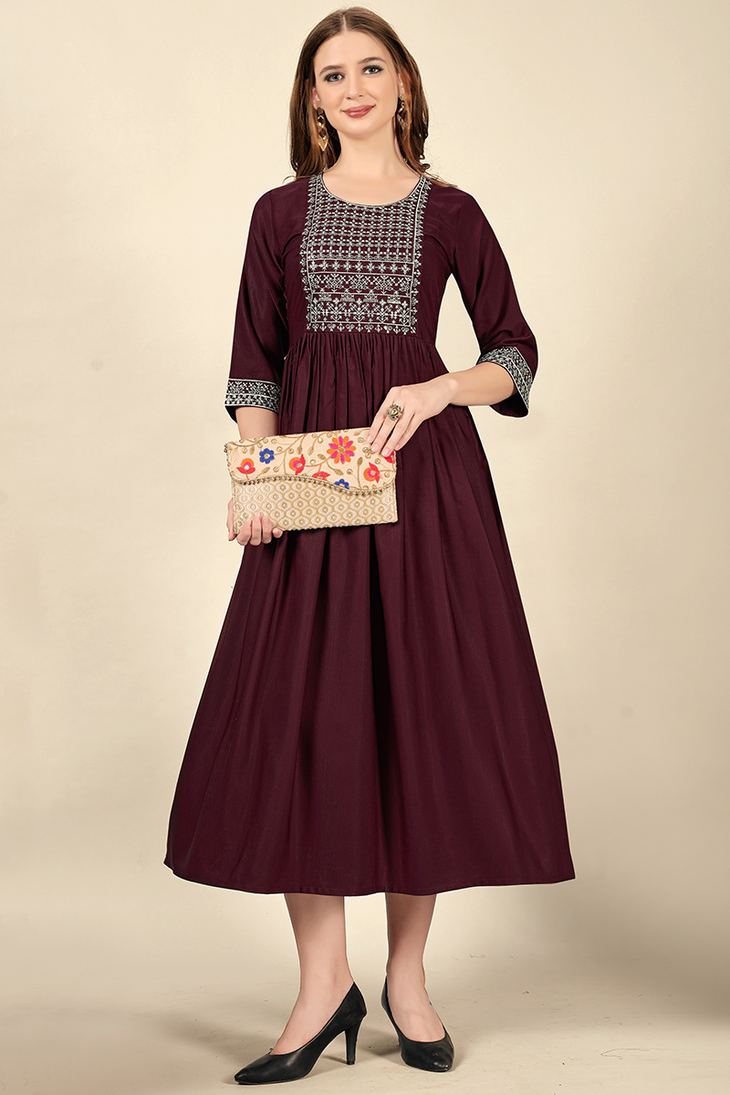 Burgundy Maroon Cotton Rayon Calf Length Kurti