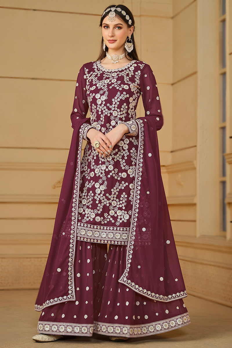 Burgundy Maroon Embroidered Straight Cut Garara Suit LSTV128108