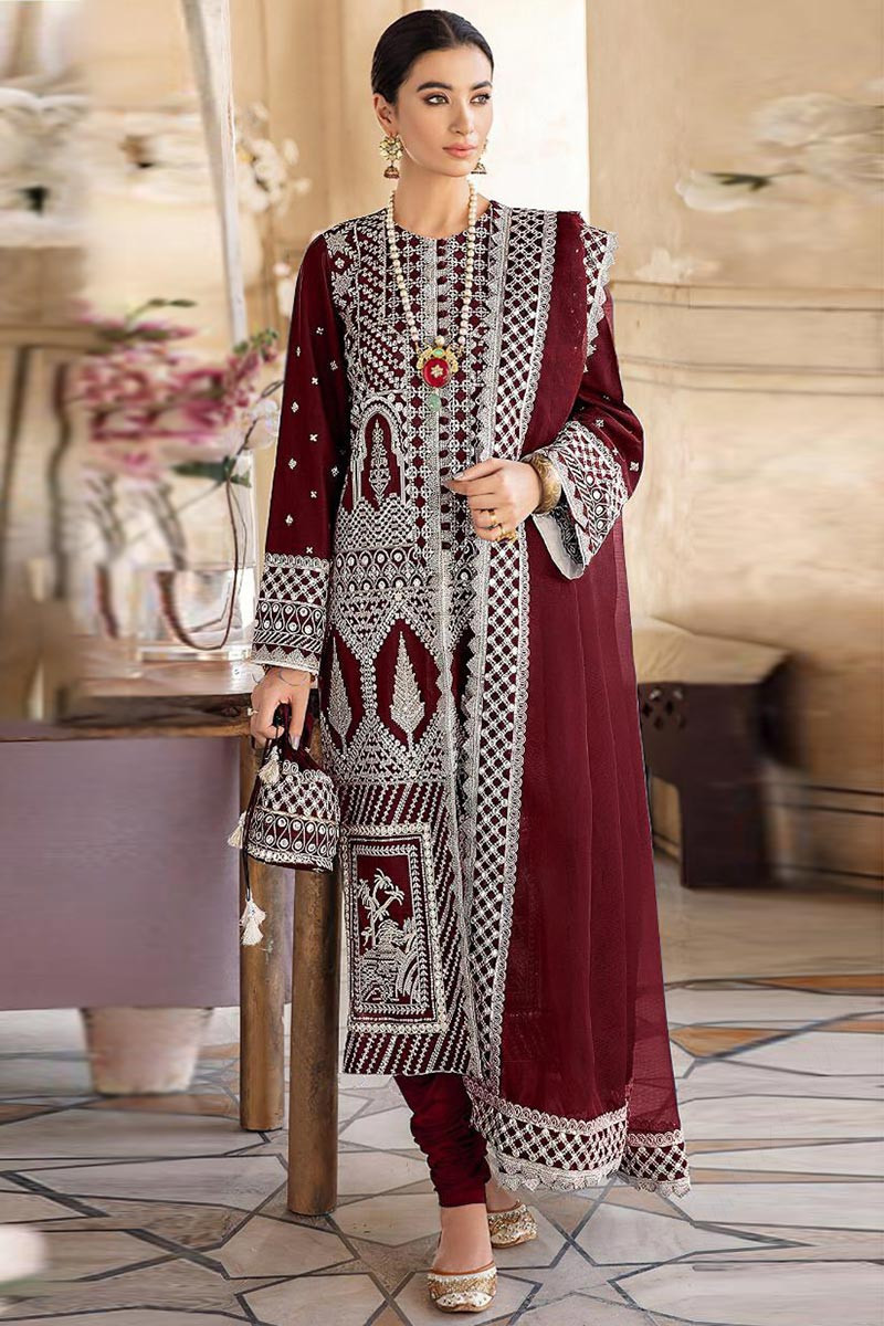 Womens Fashion Clothes Burgundy Maroon Churidar Suit with Thread Work LSTV114471