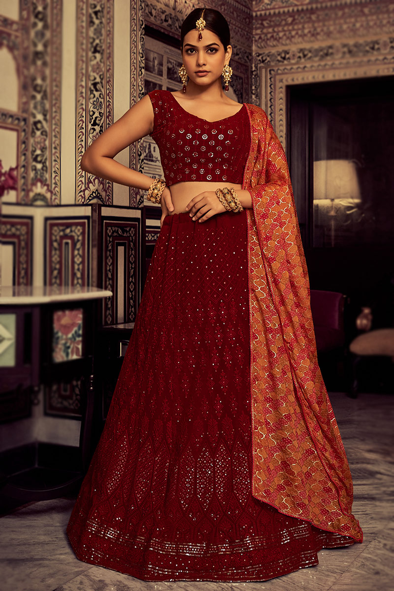 Sangeet Sequins Embroidered Lehenga in Georgette Burgundy Maroon