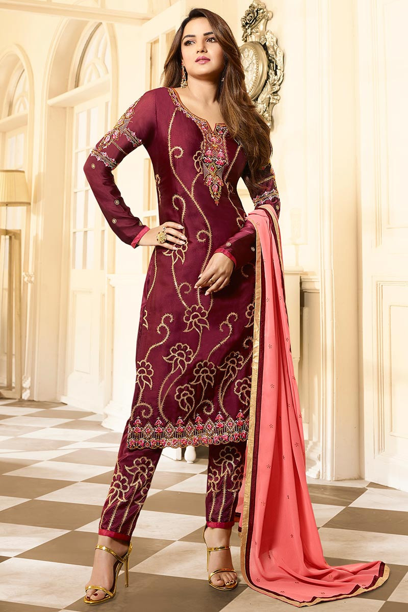 Popular Burgundy Maroon Trouser Suit with Resham Work LSTV114885