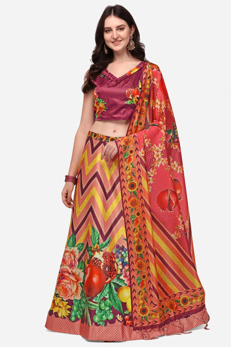 Burgundy Maroon Satin Printed A Line Lehenga 