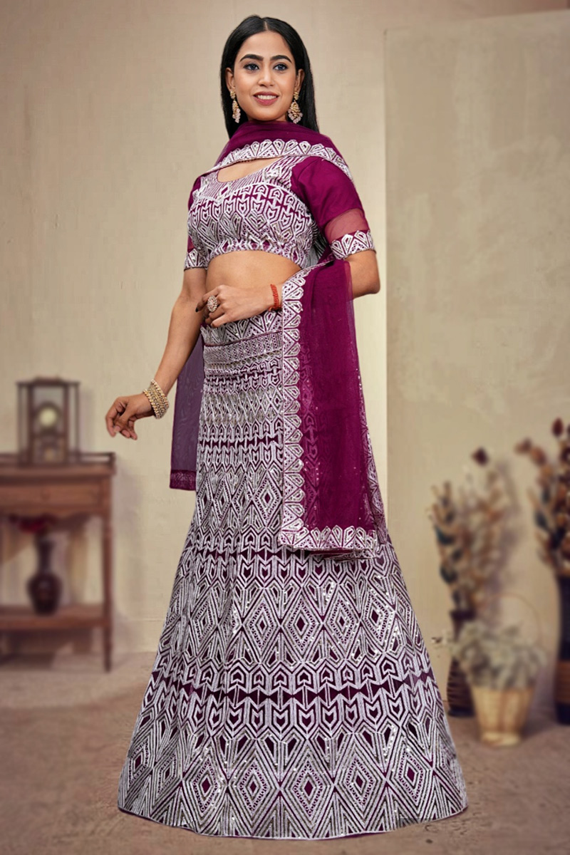 Burgundy Maroon Sequins Embroidered Panelled Style Lehenga 