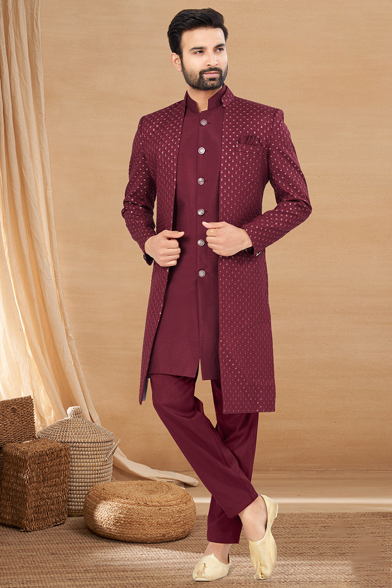 Burgundy Maroon Silk Achkan Style Men s Sherwani With Jacket MSTV03187