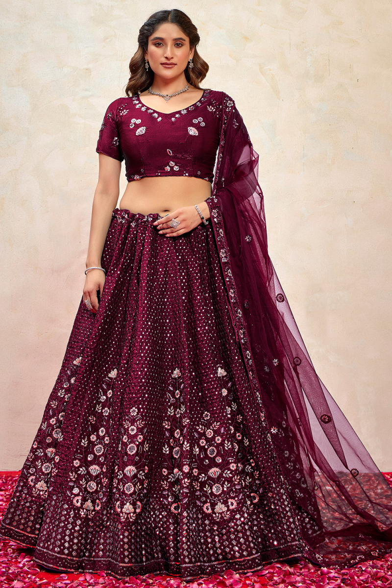 Burgundy Maroon Silk Blend Lehenga With Sequins Work For Weddings