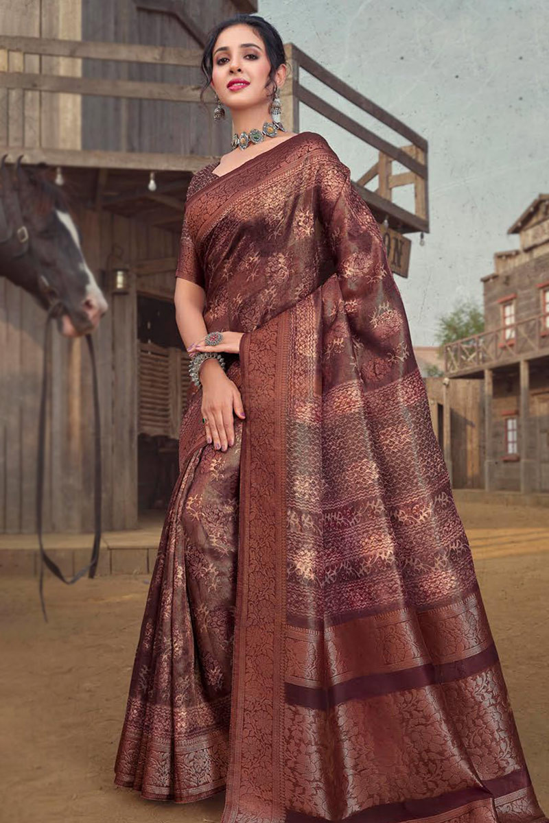 Ravishing Brown Soft Silk Saree With Opulent Blouse Piece – LajreeDesigner