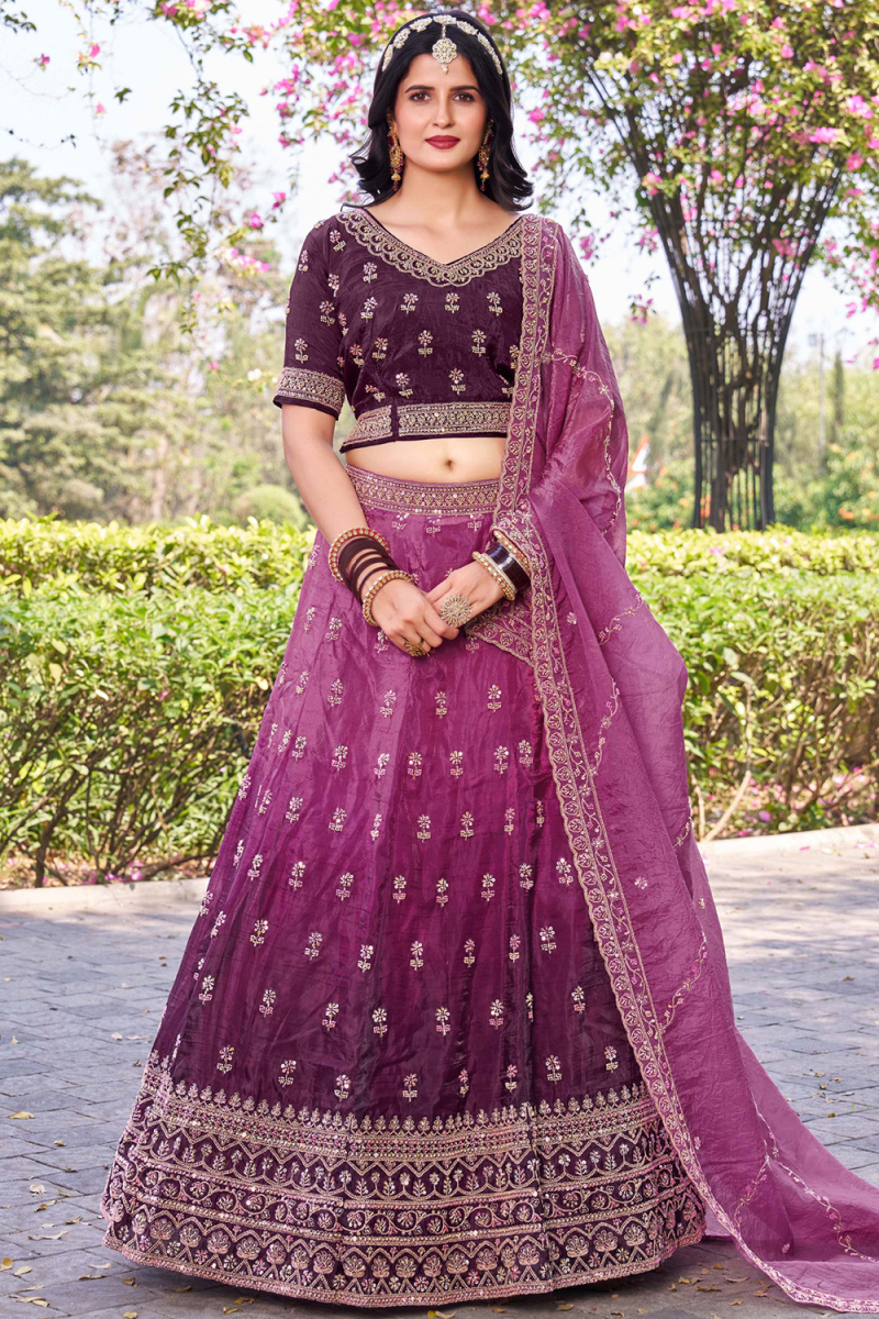 Burgundy Maroon Tissue Lehenga with Sequins Work for Diwali