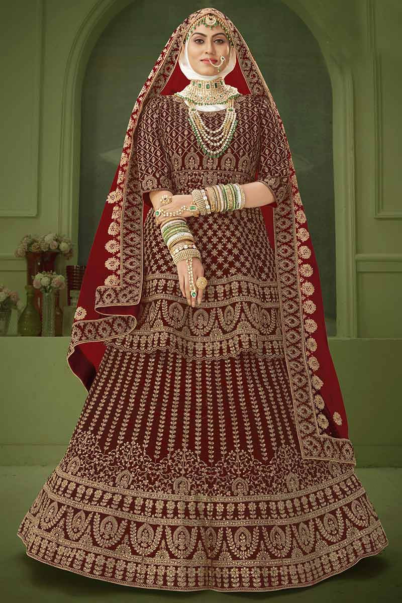 Buy Heavy Embroidered Bridal Maroon Lehenga - Wedding Lehenga Choli –  Empress Clothing