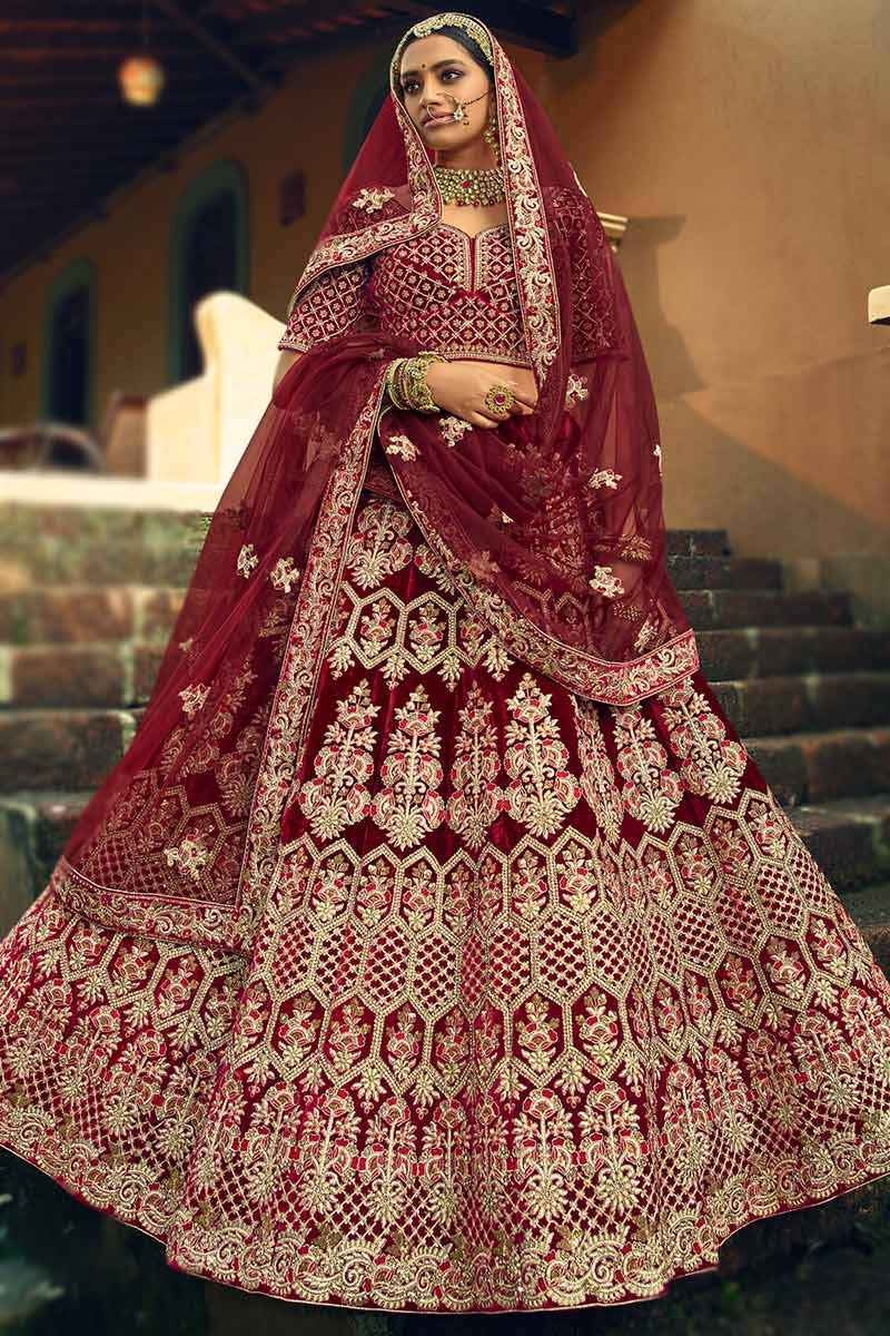 Rosewood Velvet Bridal Lehenga Choli with Mughal Motif Stone Dori Work and  Designer Dupatta | Exotic India Art