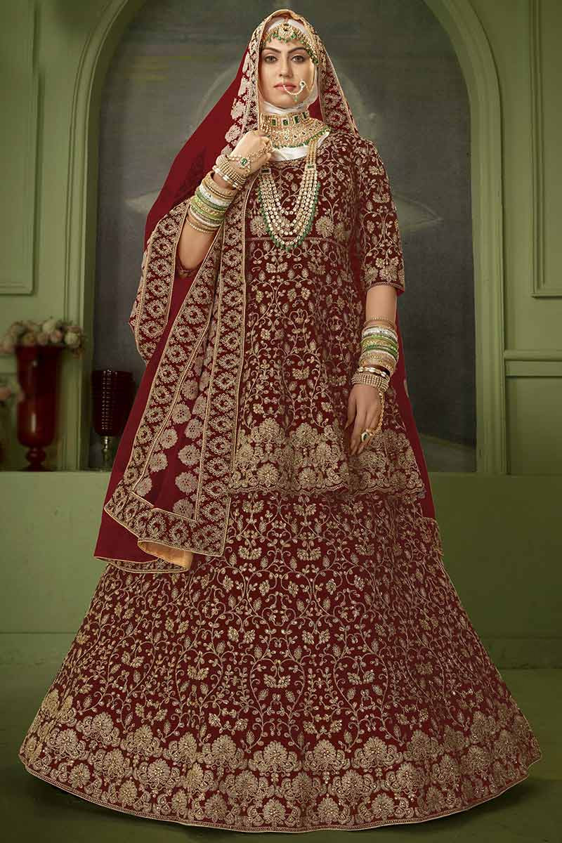 Maroon Velvet Heavy Embroidery With Hand Work Wedding Lehenga Choli with  Soft Net Dupatta - LC4343