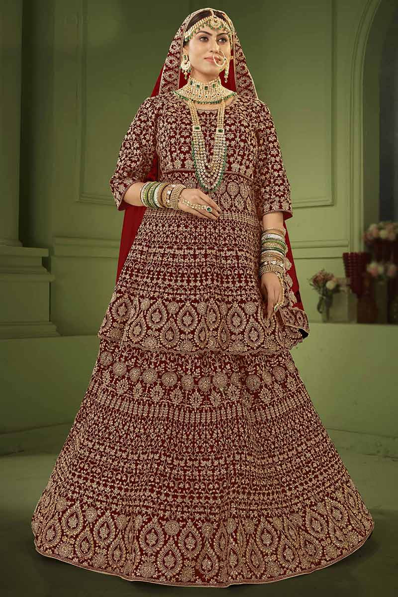 burgundy maroon velvet pakistani bridal lehenga llcv09730 1