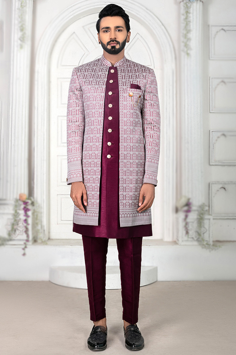Burgundy Maroon Weaved Zari Silk Men s Jacket Style Sherwani MSTV02873
