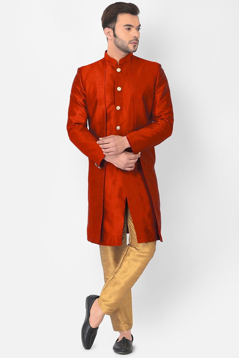 Buy Chilly Red Dupion Silk Men's Jacket Style Indo-Western Sherwani