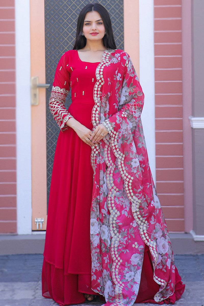 Buy Georgette Ruby Red Embroidered Anarkali Suit LSTV124409