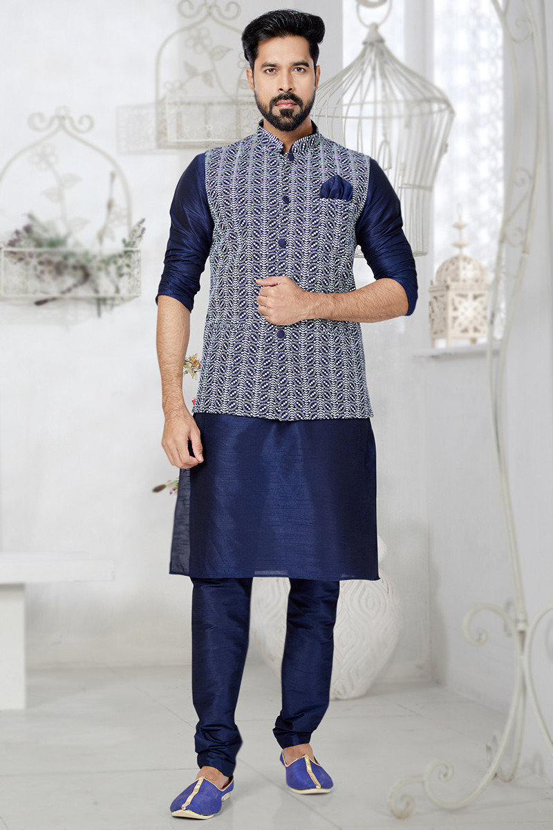 Buy Navy Blue Dupion Silk Jacket Style Men s Kurta Churidar MKPA04846