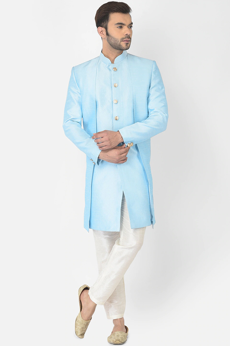 Buy Sky Blue Dupion Silk Men's Jacket Style Indo-Western Sherwani