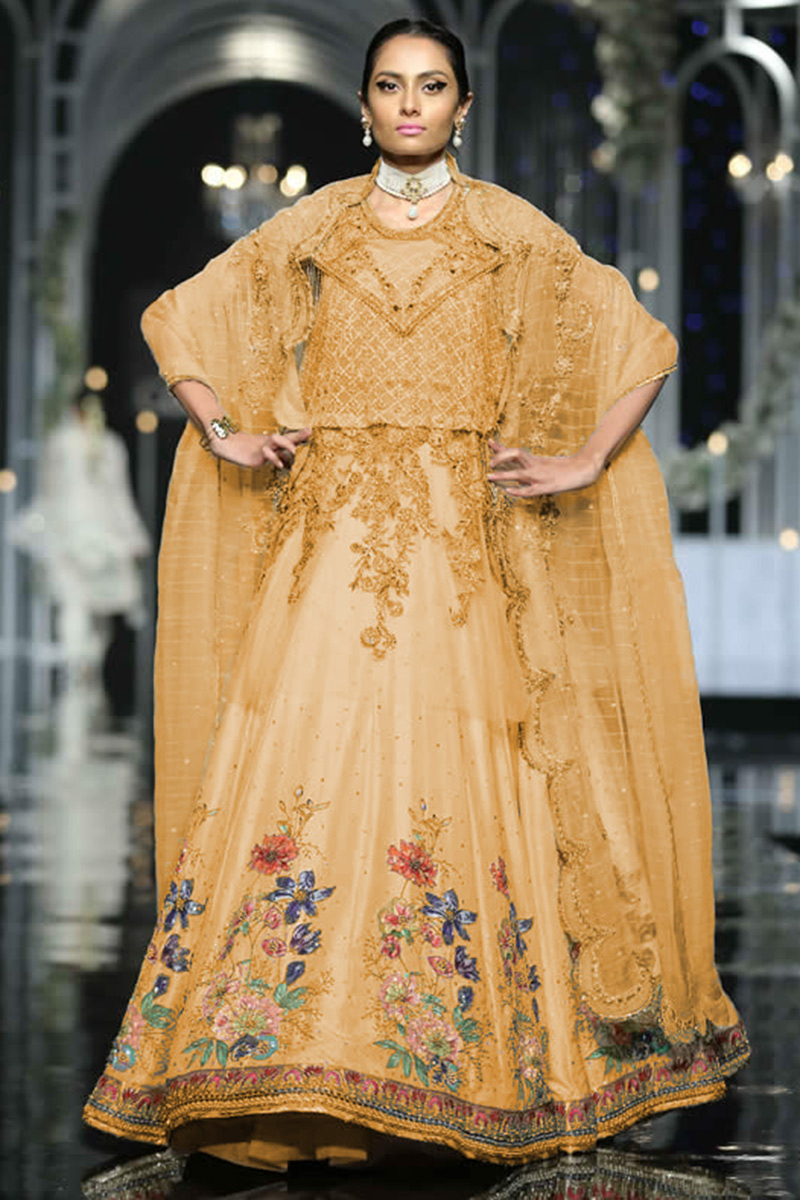 Sequins Work Gold Lehenga in Silk for Party 