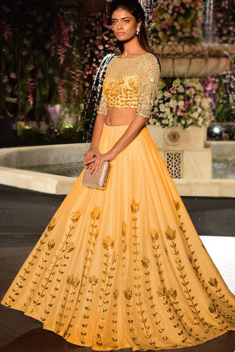 Gold Silk A Line Lehenga with Resham embroidery